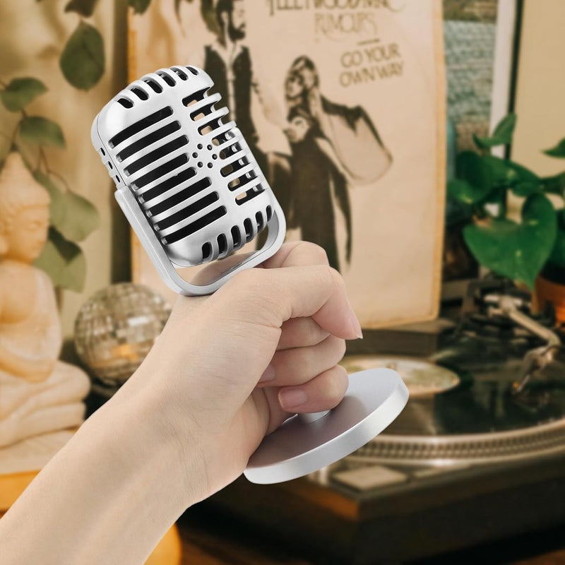 RTNLIT Retro Microphone Prop Model, Vintage Microphone Stage Table Decor with Stand, Fake Mic for Party, Jukebox Decorations (Silver) - Image 2